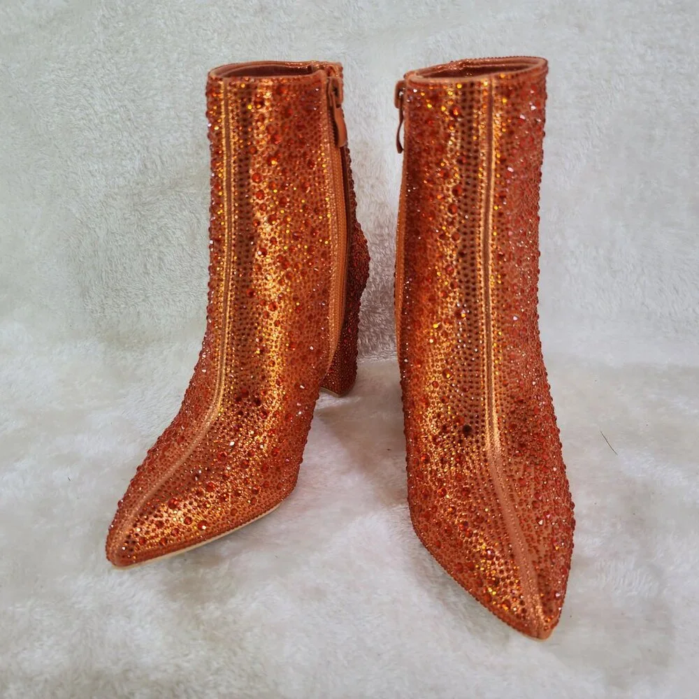 RESTOCKED! Metallic Orange Rhinestone Ankle Boots with 3" Block Heel - Picture 7 of 8